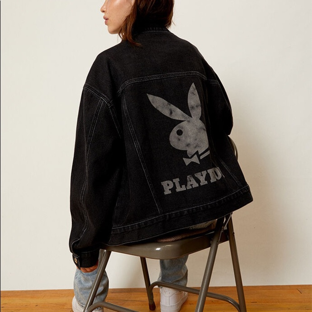 NWT Women Playboy Washed Black Trucker Jacket